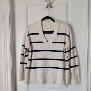aerie Cream V-Neck Sweater with Navy Stripes